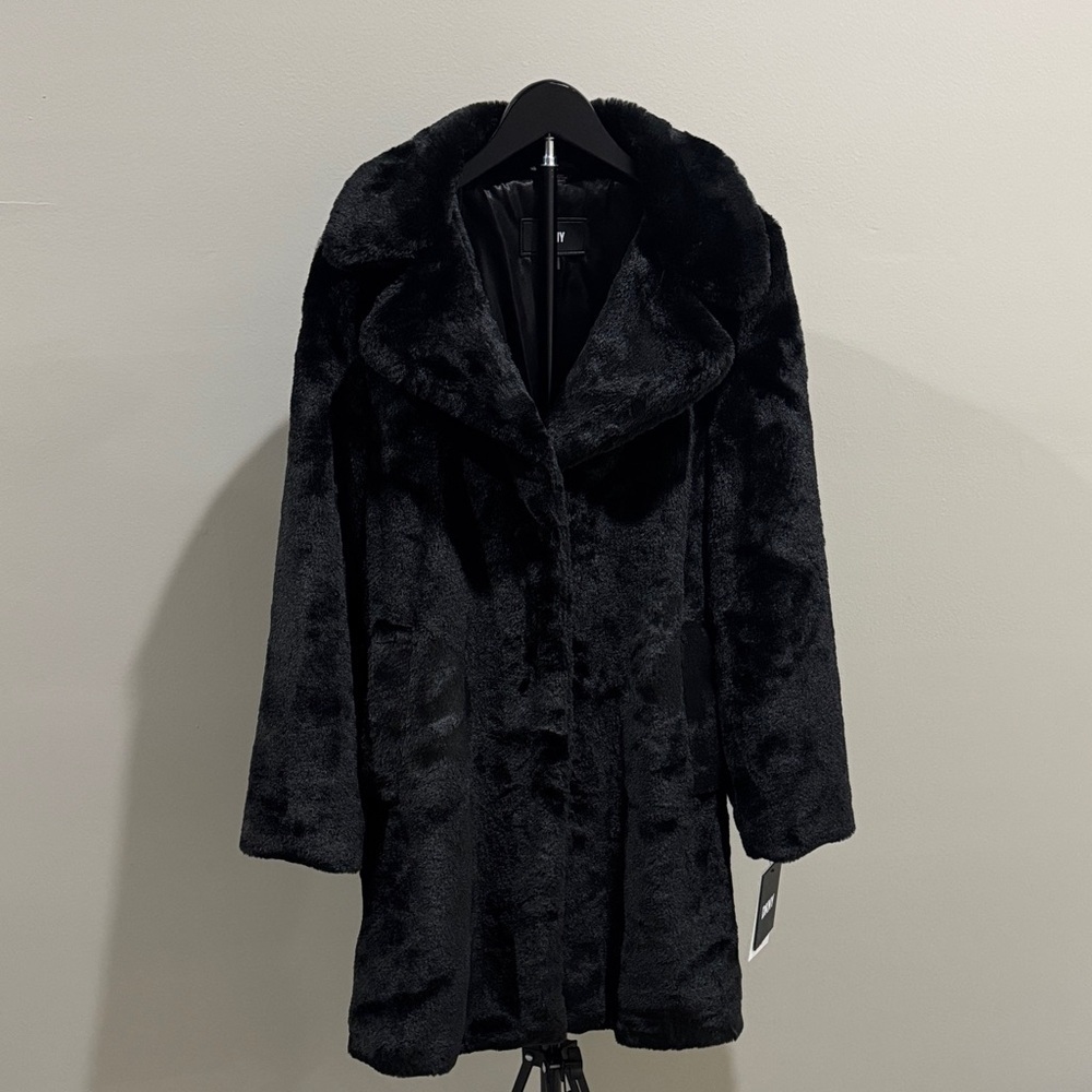 DKNY Women's Plush Faux Fur Black Teddy Jacket